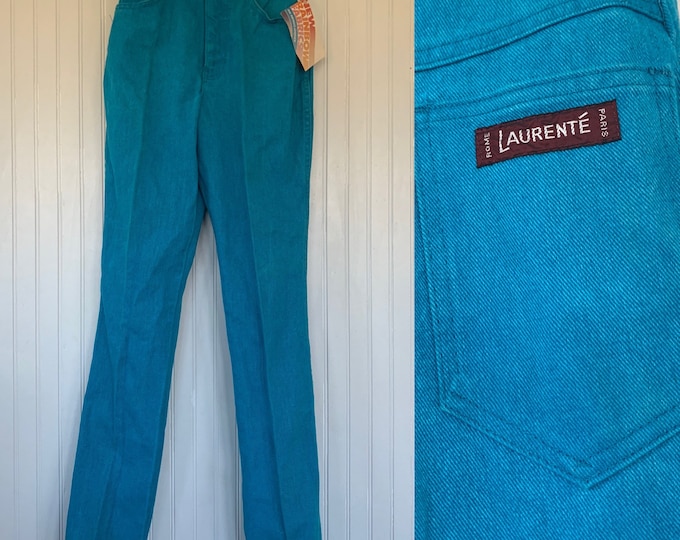 Vintage 70s XS Laurente Deadstock Turquoise Jeans High Waisted Denim Blue Jeans 25 waist NOS Size 24 0 2 Teal Blue Green bright x small 80s