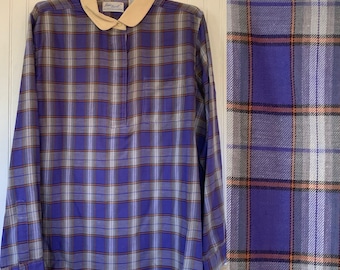 NWT Vintage 80s Large Plaid Flannel Long Sleeve Shirt 42 XL Top Purple Orange White Snap Down Shirt L/XL Deadstock Western Fall Amy Barr