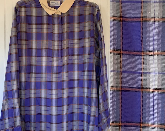 NWT Vintage 80s Large Plaid Flannel Long Sleeve Shirt 42 XL Top Purple Orange White Snap Down Shirt L/XL Deadstock Western Fall Amy Barr