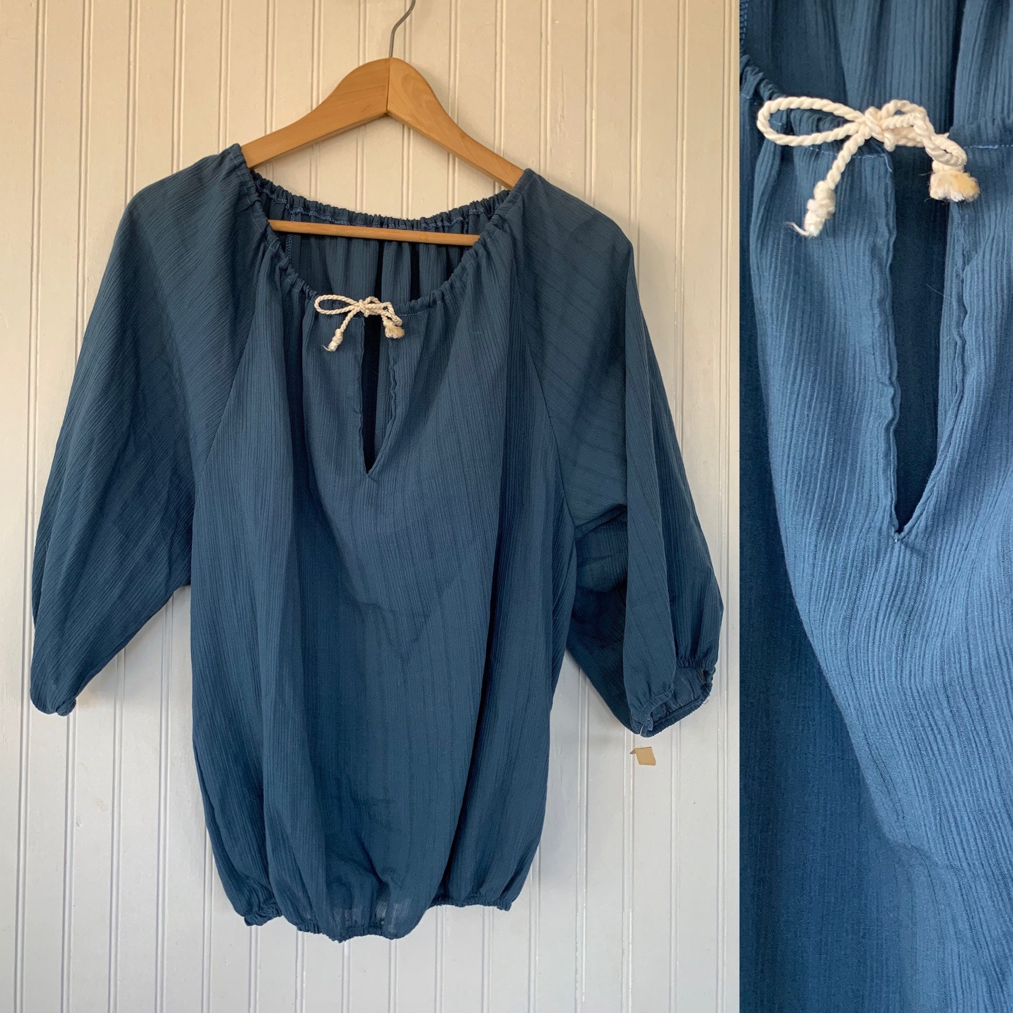 NWT Vintage Medium Blue Tie Neck Peasant Top Small S/M Deadstock 70s ...