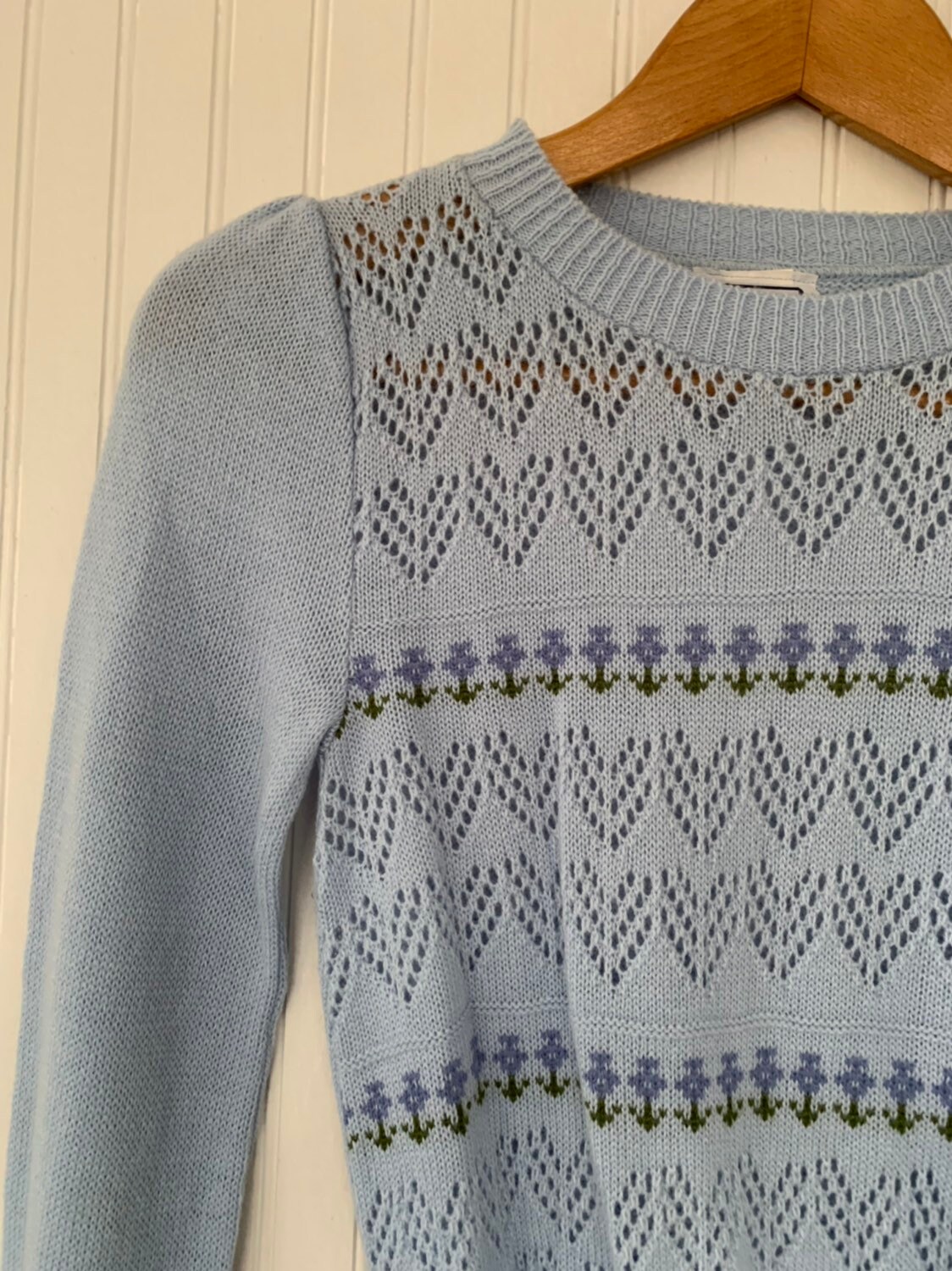 NWT Vintage 80s Baby Blue Pastel Floral Knit Sweater Small Medium Med SM Small Long Sleeves Shirts Deadstock 70s Flowers Boho Unique NOS