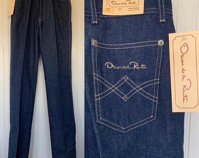 Rare NWT Vintage 80s Deadstock Oscar De La Renta High Waisted Dark Denim Blue Jeans Medium 28 waist Rise Pockets Original Tag Med M Small