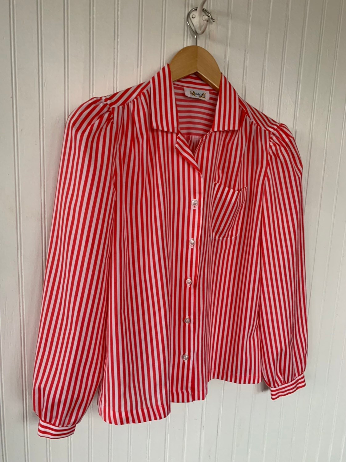 Vintage Red White Striped Button Down Shirt Small Medium S/M Blouse ...