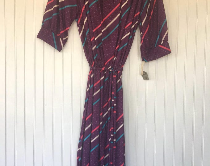 Vintage NWT Size S Small Purple Aqua Pink White Dots Striped Dress Boat Neck 3/4 Sleeved Comfy Sexy - 1979 70s 80s Festival Puff Sleeve