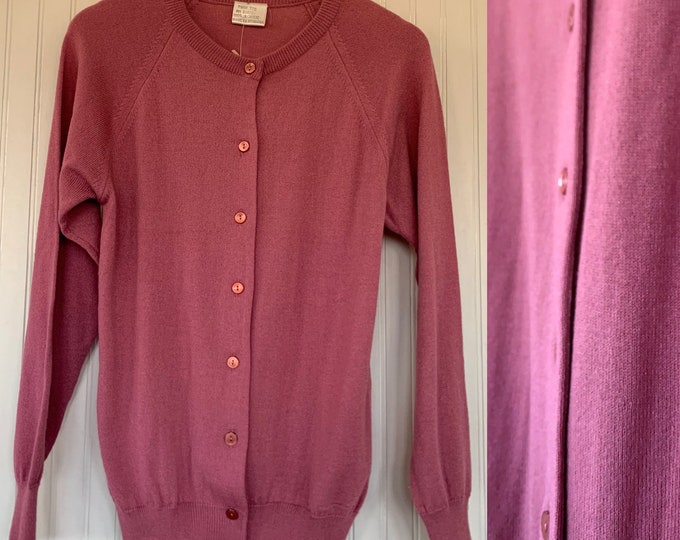 NWT Vintage 80s Small Mauve Cardigan Knit Sweater Deadstock 70s nos Button Down TopsS S/M M Med Acrylic Dark Pink Cozy Soft