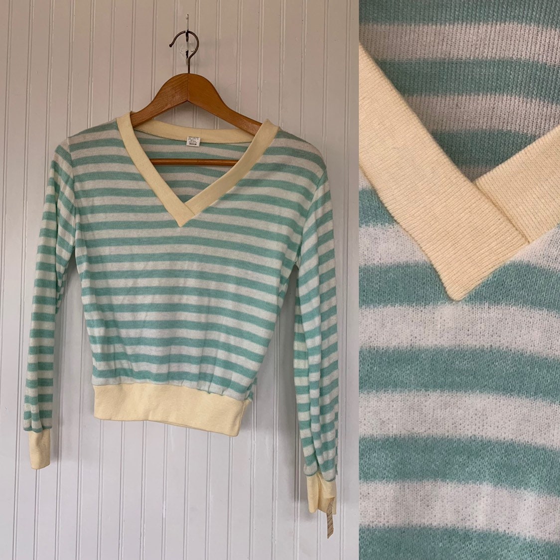 NWT Vintage 80s Striped Shirt Pastel Mint Green White Ivory Sweater ...