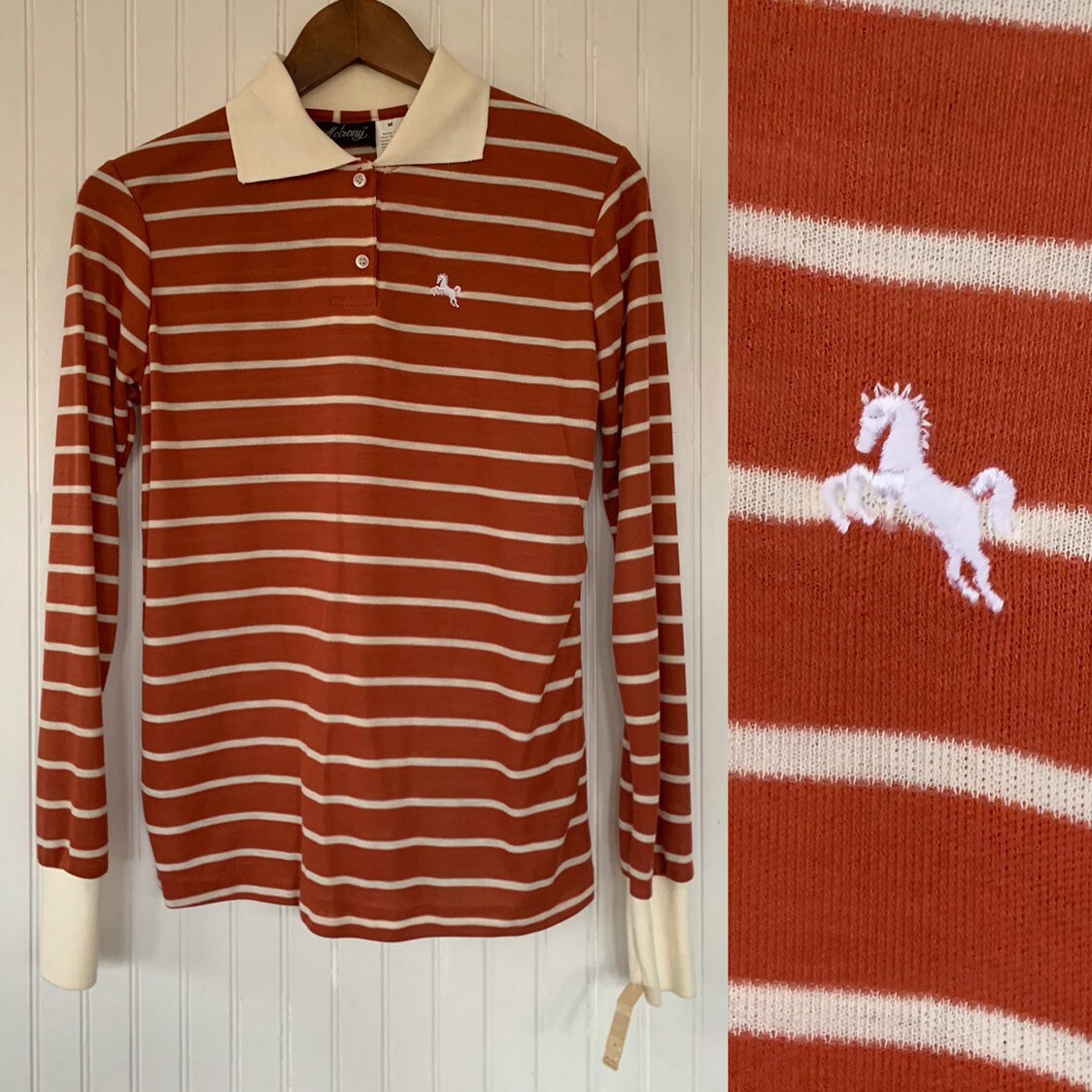 white polo shirt with orange horse