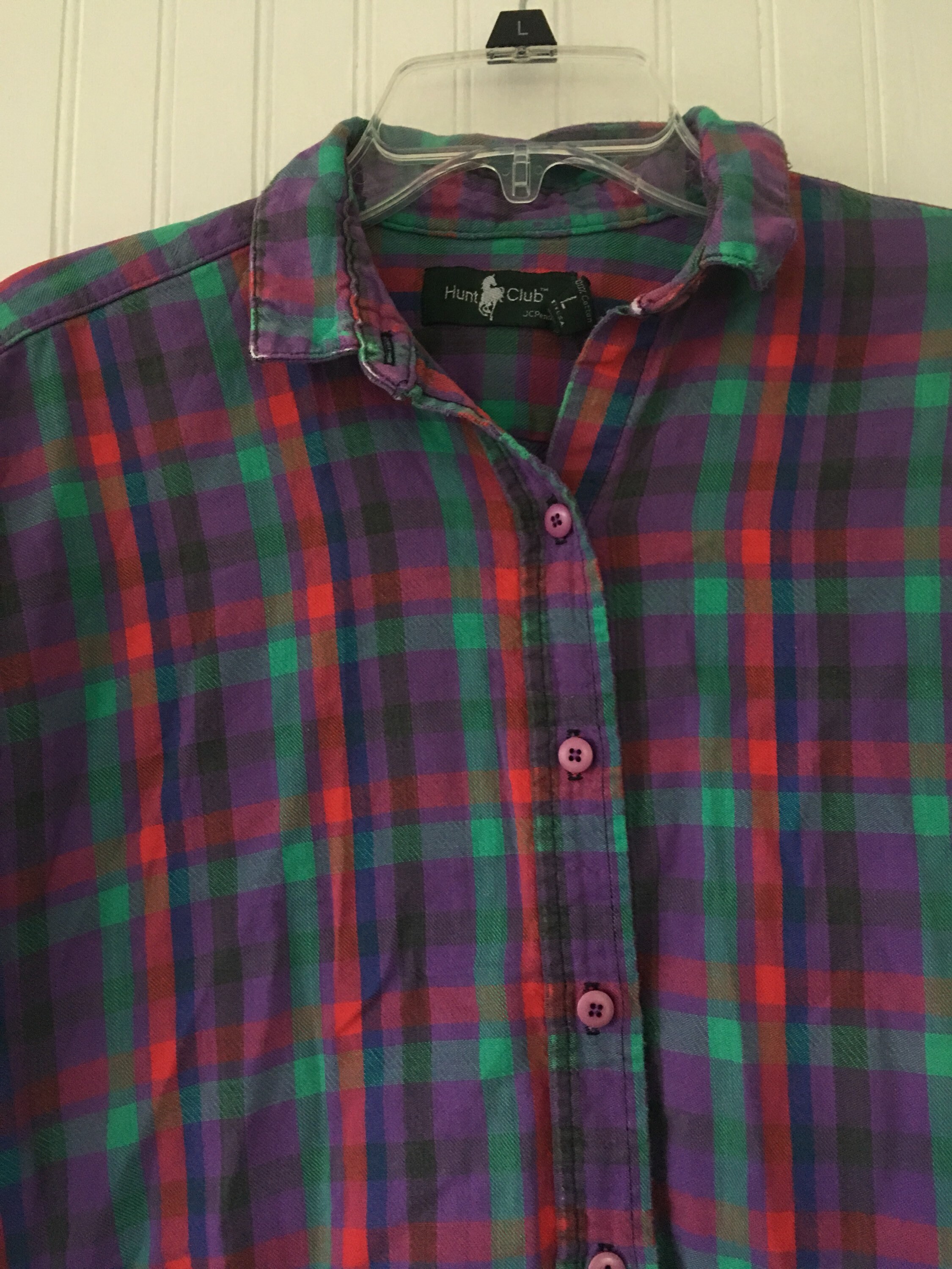 purple and green flannel shirt