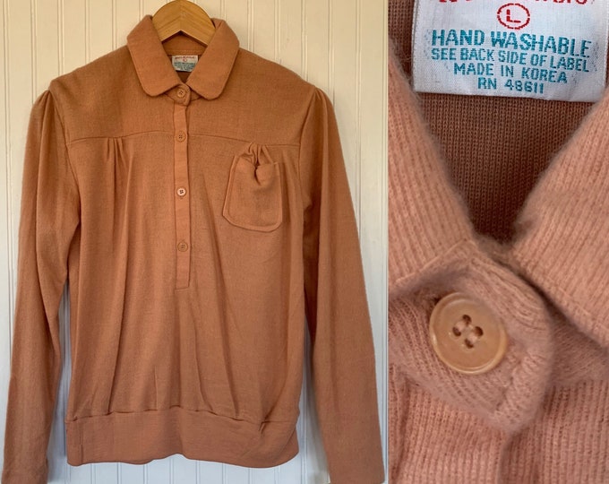 Vintage Deadstock 70s Large Soft Tan Nude Pullover Sweater Puff Sleeve Long Sleeves M/L Shirts Boho NOS Cozy Spring Tops 80s Button Down