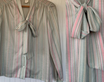 NWT Vintage Medium Pastel Stripe Puff Sleeve Shirt Top Shirt Deadstock Boho Tie Neck Sheer Pink Green White Secretary Blouse M 36 Pussy bow