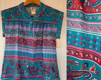 NWT 80s Vintage Disco Sheer Top Size Large L Lg M/L Turquoise Blue Rainbow Floral 70s Short Sleeves Shirt Sleeveles Tank Boho Deadstock Pais