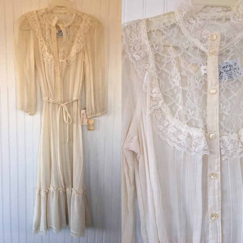 Vintage 70s Ivory Lace Sheer Floral Boho Dress Medium M L Large 8 9 10 11 80s Dead Stock NWT Wedding Spring Festival Victorian Puff Sleeve 