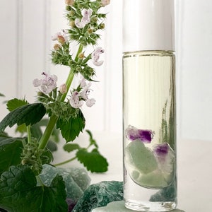 Aromatherapy Essential Oil Rollerball Crystals Migraine Headache Tension Pain Relief Catnip Infused Amethyst Catnip Mint Natural Perfume