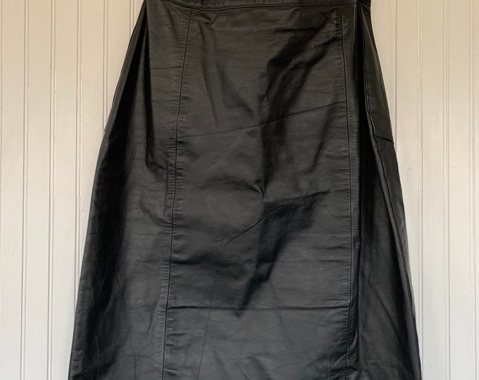 Vintage 90s Large Black Leather Midi Skirt Leather Knee Length Biker L 30 waist Medium M/L pinup high waist 13/14 Winlit