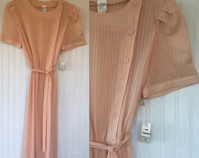 Vintage NWT 70s Pastel Peach Sheer Dress Size Medium  Pinup Summer Festival Boho 1979 Deadstock Wedding Bridesmaid Dresses M Med Puff Sleeve