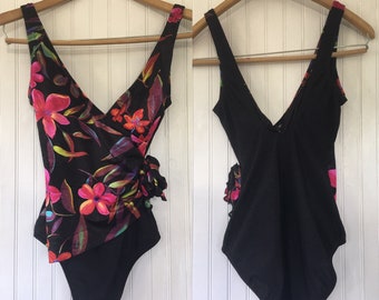 Vintage Size S 90s Black Tropical Floral Print Swimsuit Swim Suit Swimwear Bodysuit Nineties by Inches Away Small XS