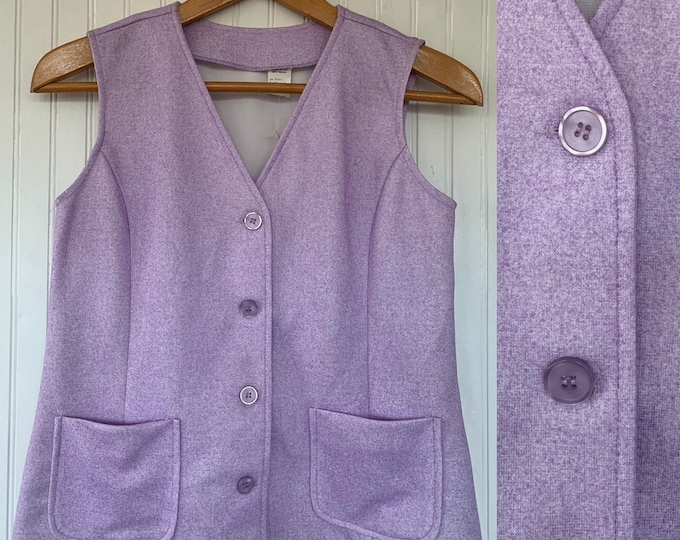 Vintage 70s Deadstock Pastel Purple Button Down Vest V-Neck Medium Med S Lilac Acrylic Festival Spring Boho Polyester Top Shirt 80s