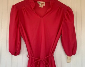 Vintage Deadstock 70s Sheer Large Hot Pink Peasant Top 3/4 Sleeve 70s nos Medium Tops M/L LG Med Short Puff Sleeves 38 Boho Blouse 80s
