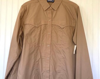 Deadstock Vintage Beige Snap Front Long Sleeve Shirt Size Large Top Button Down Shirt M/L 38 Western Boho snaps Nude Light Brown