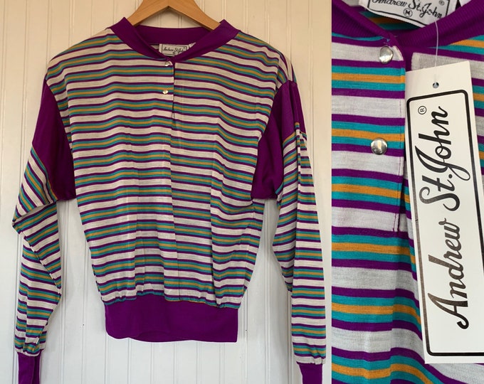 Vintage 70s 80s Medium Purple White Yellow Teal Snap up Striped Long Sleeve Top Shirt S/M Small deadstock Sportswear Comfy crew neck