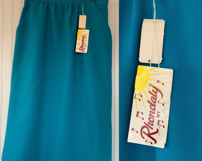Vintage 80s Deadstock Turquoise Blue Skirt Medium Med M 28 Waist Button Front Pockets Below Knee New Tags Below Knee High Waisted 70s Boho