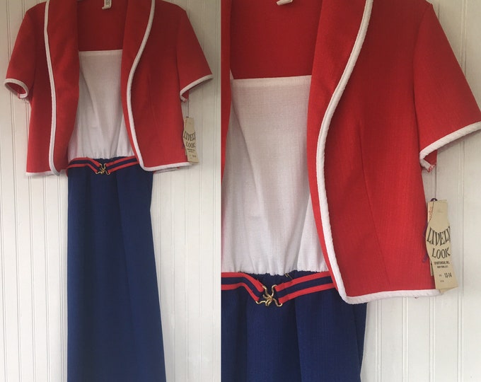 NWT 70s Vintage Red White & Blue Dress Jacket Suit Set Large L Deadstock 1979 80s Patriotic Fourth of July