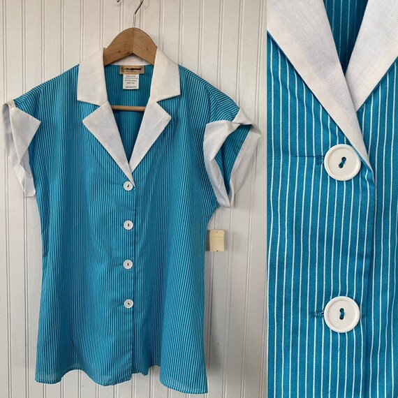 NWT 80s Vintage Turquoise Blue White Striped Sleeveless Top - Etsy