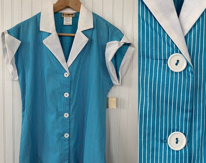 NWT 80s Vintage Turquoise Blue White Striped Sleeveless Top Size Medium Button Down Shirt M Med Stripes Deadstock Western Hipster 70s Gift