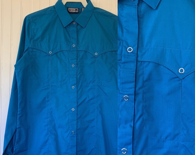 Deadstock Vintage Bright Blue Snap Front Long Sleeve Shirt Top Button Down Shirt Medium S M 36 Western Boho snaps Cowgirl