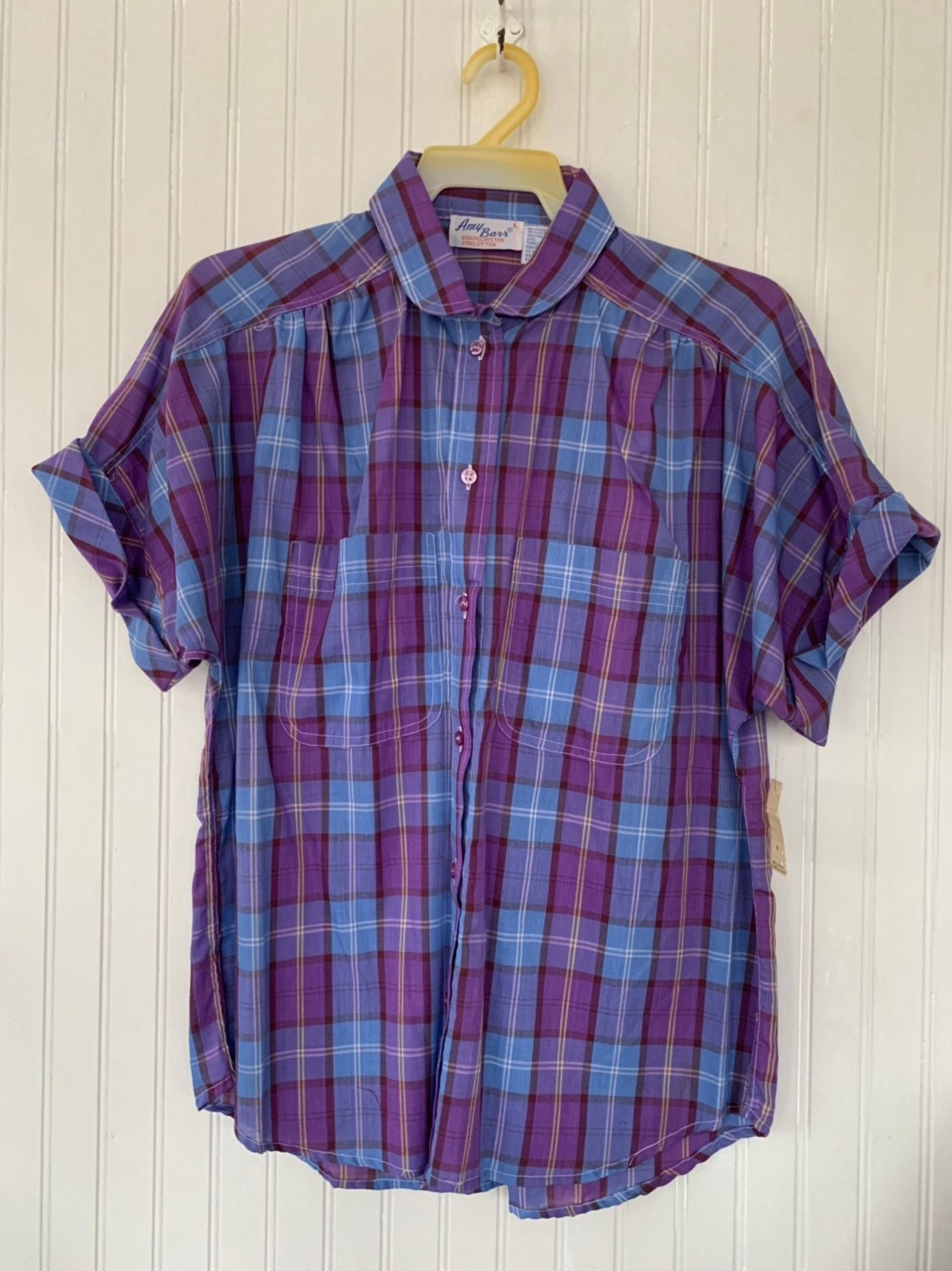 NWT Vintage 80s Large Plaid Short Sleeve Shirt Top Purple Blue White ...