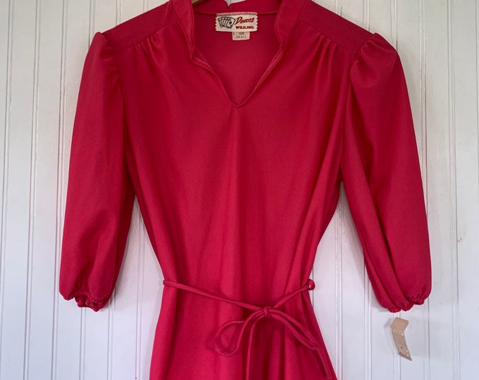 Vintage Deadstock 70s Small Sheer Hot Pink Peasant Top 3/4 Sleeve 70s nos Tops XS XS/S Short Puff Sleeves 34 Boho Blouse 80s belt