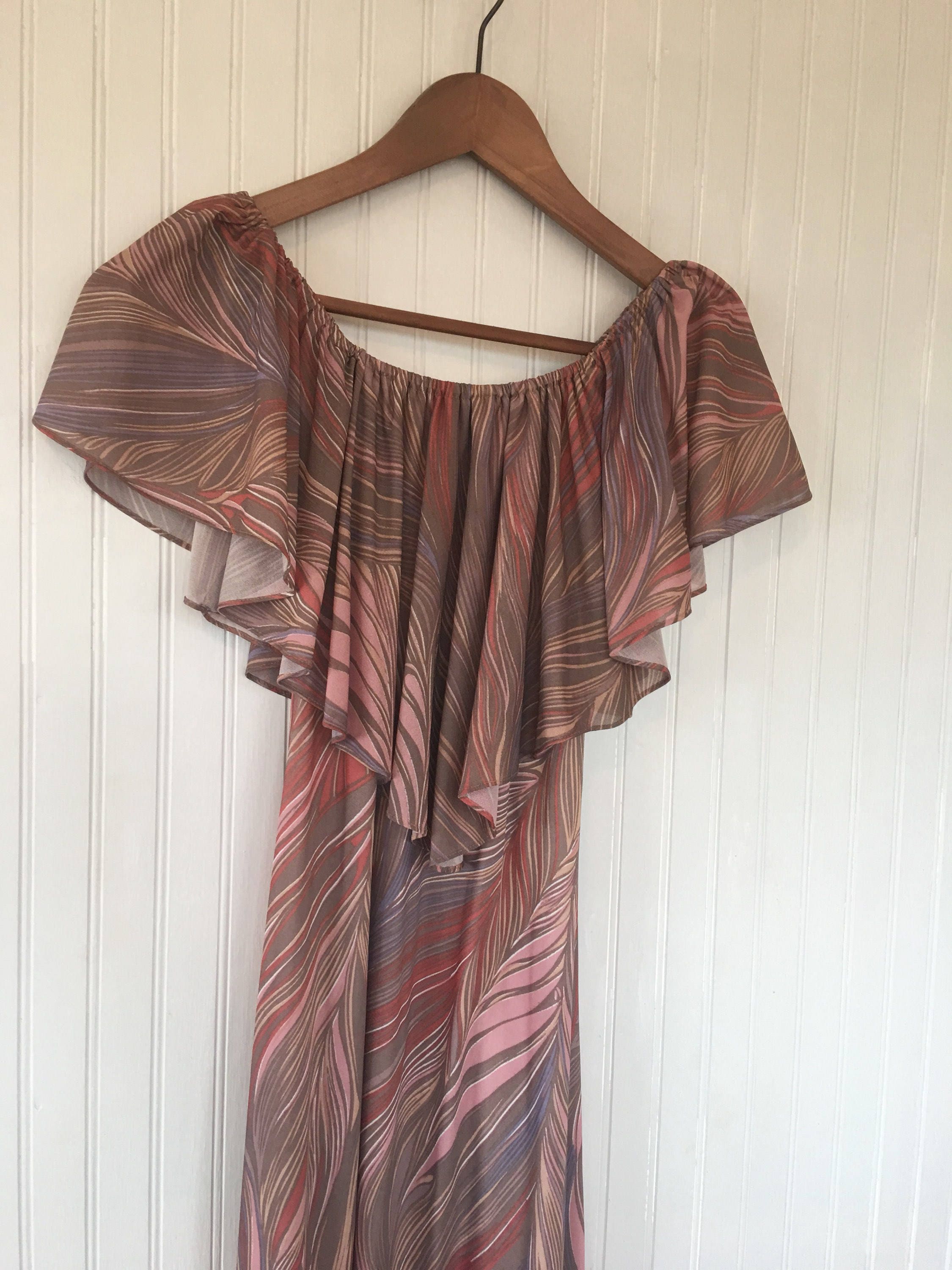 Vintage 70s Off the Shoulder Ruffle Sheer Dress Feather Print Size ...