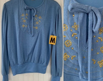 NWT Vintage 80s Baby Blue Gold Floral Embroidered Sweater M Medium Puff Sleeves Shirt Deadstock Top Valentines keyhole sweatshirt Unique