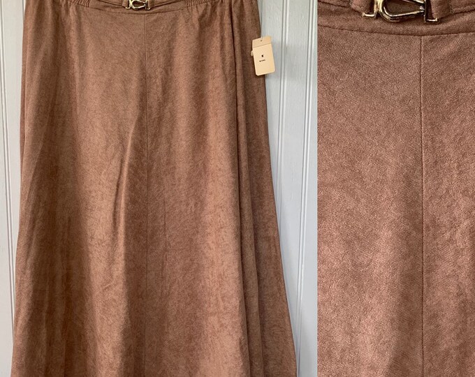 Vintage Deadstock 80s Skirt Beige High Waist Below Knee Elastic Waist Medium Large L M/L 8 9 10 Boho 70s NOS NITO Microsuede Faux Suede Nude