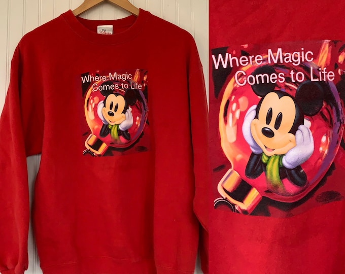 Rare S/M Mickey Mouse Vintage 90s Holiday Red Sweatshirt Disney Store Sweat shirt Sweater Unisex Small Medium Magic Christmas XMAS Gift