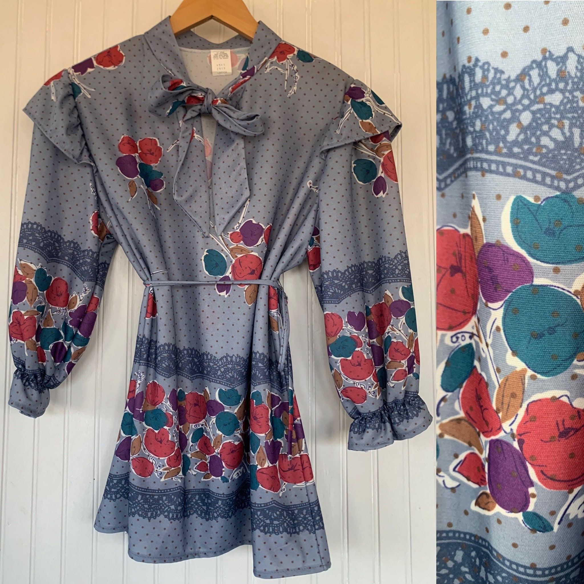 Vintage 80s Large Gray 3/4 Sleeve Floral Blouse bow Shirt 70s Boho Blue ...