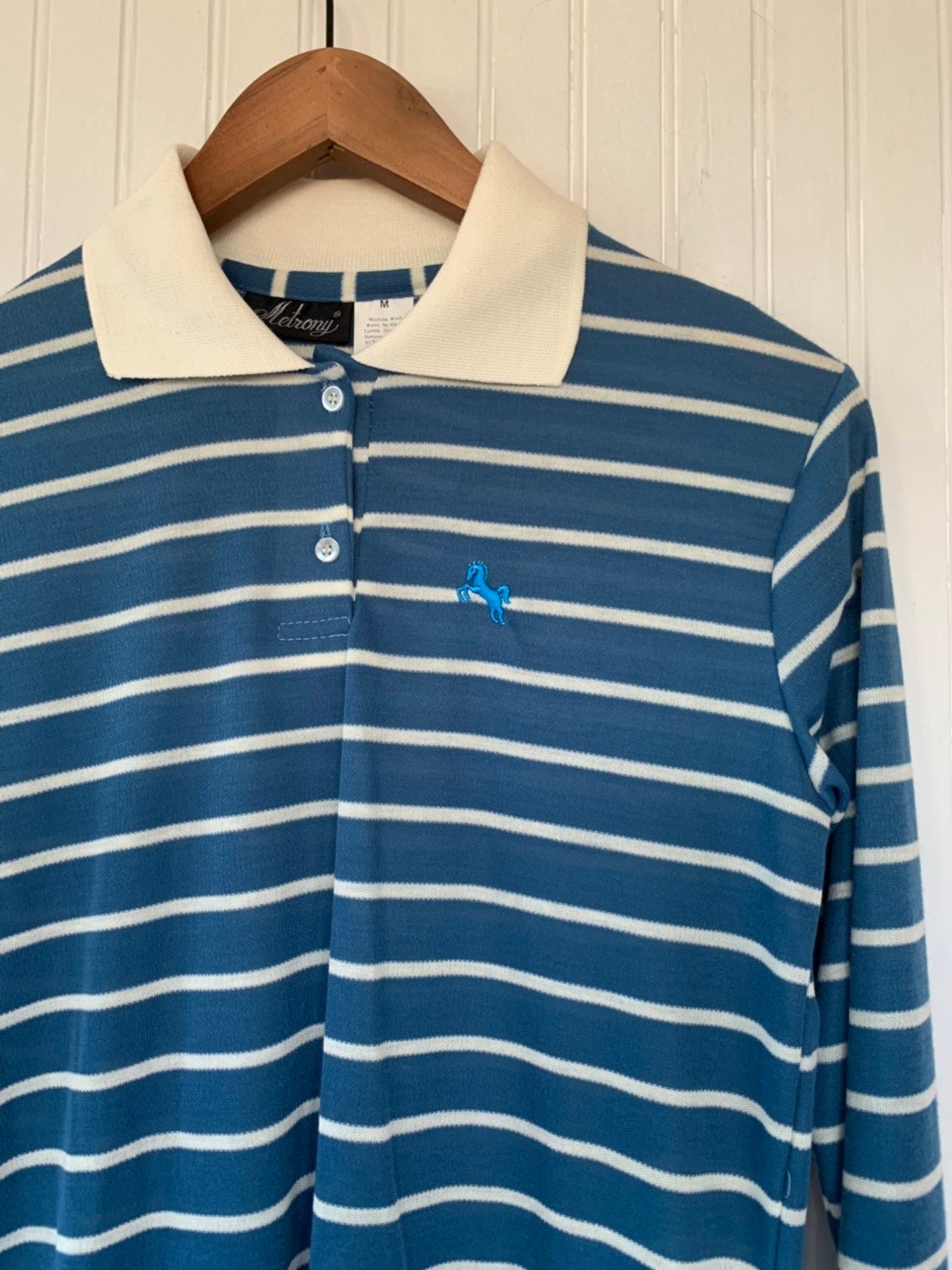 NWT 80s Vintage Blue White Striped Long Sleeve Polo Shirt Size Medium ...