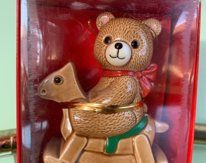 Vintage 80s Ebeling and Reuss Teddy Bear Rocking Horse Ornament First Christmas 1985 New in Box Kitsch Holiday Ornaments Gifts Japan