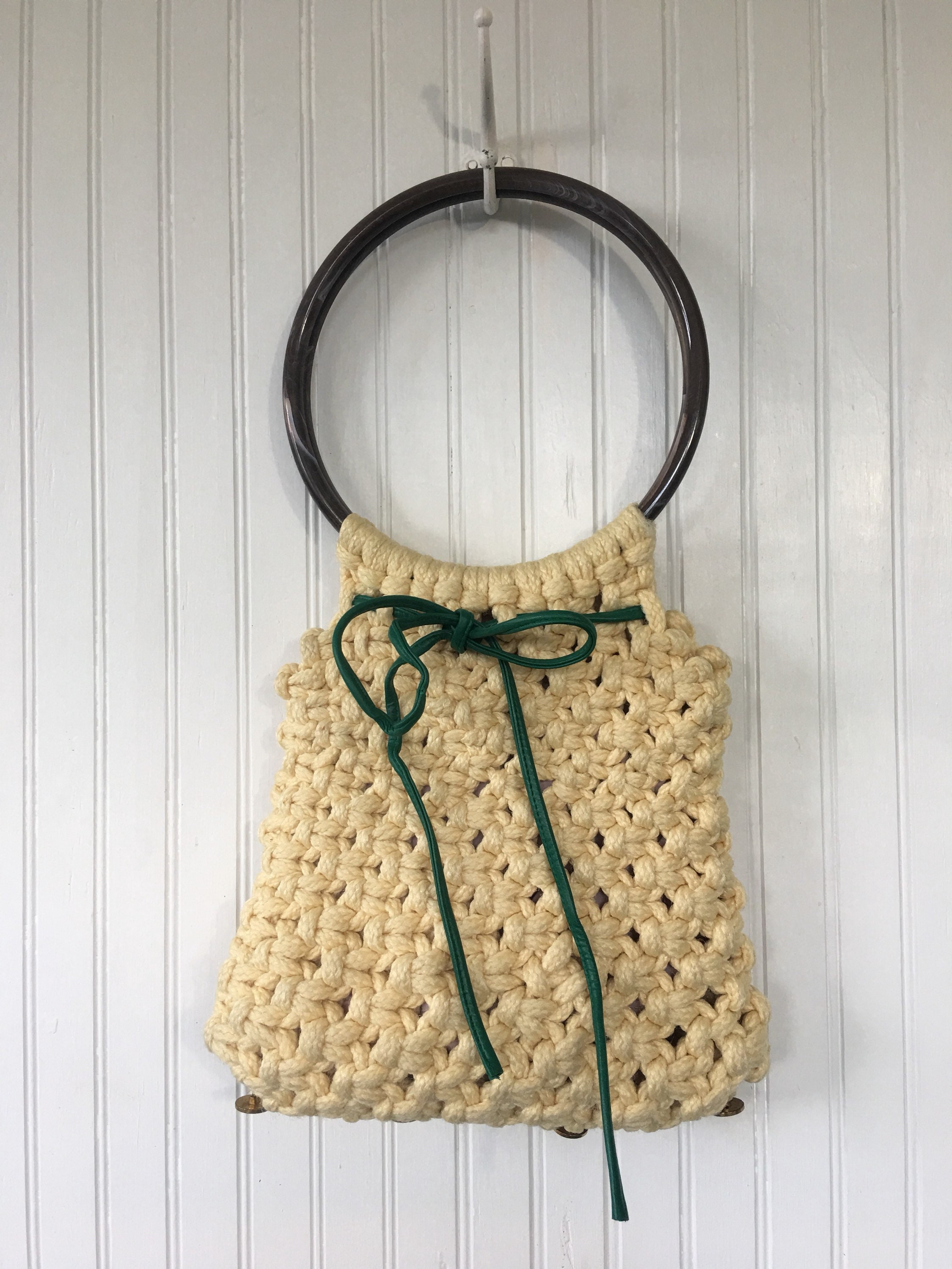 Vintage 70s Knit Bag Purse Unique Handbag Round Handle Knitted