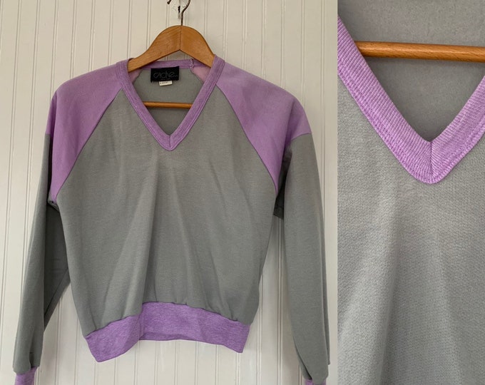 Vintage NWT 80s Vintage Cache Sweatshirt Size Medium Purple Gray Baseball Style Med S/M Small 70s Deadstock Sweat shirt Sweater Grey