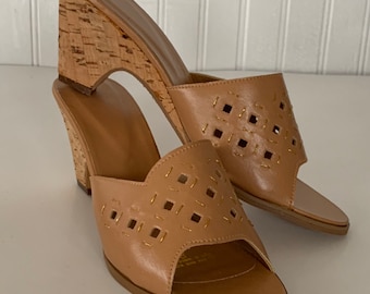 Vintage 70s Vegan Leather Sandals, Cork Wedge Heel, Size 8 Deadstock