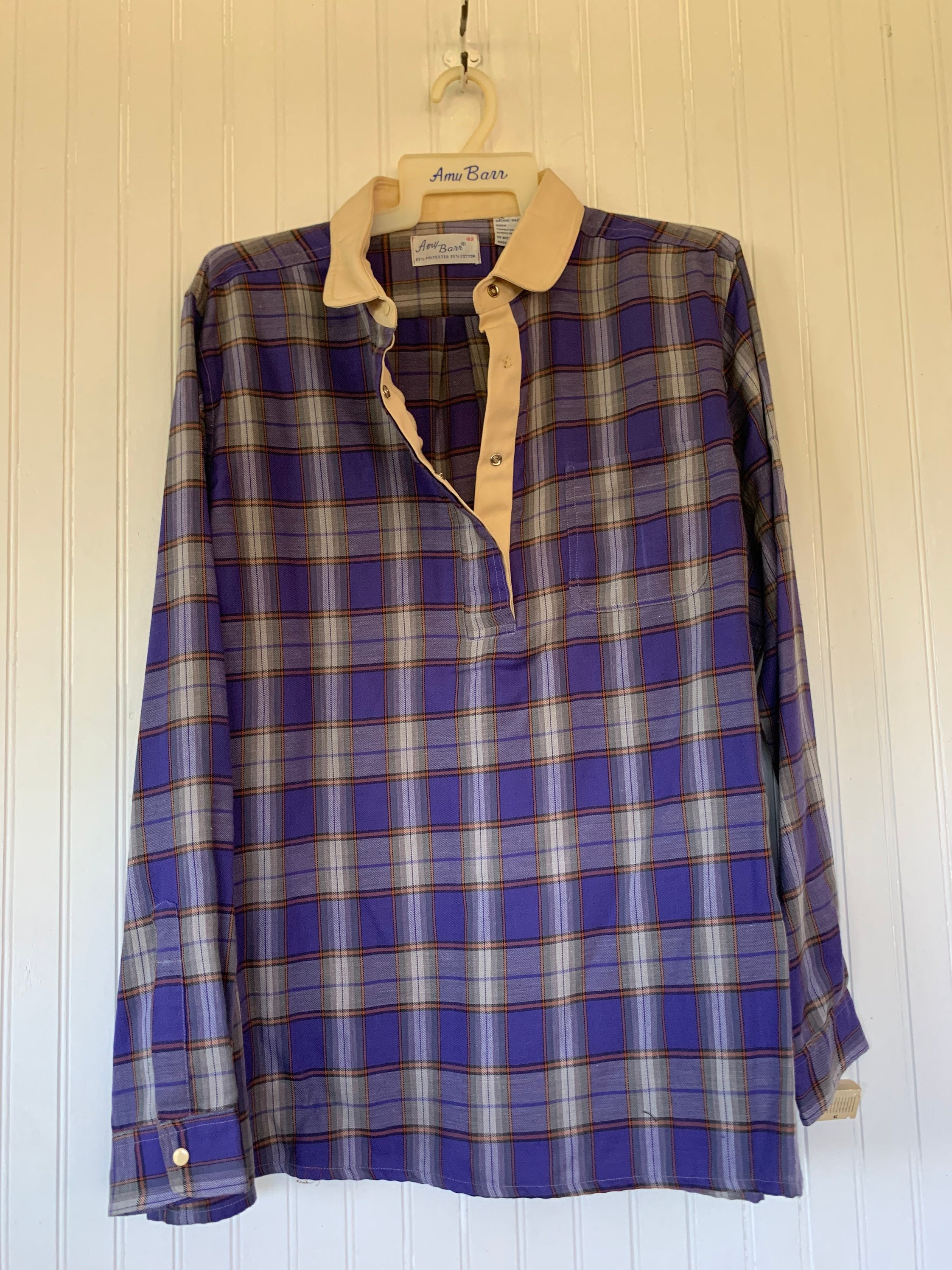 NWT Vintage 80s Large Plaid Flannel Long Sleeve Shirt 42 XL Top Purple ...