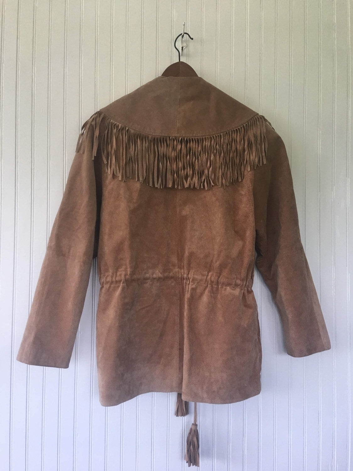 Vintage 90s Light Brown Suede Fringe Coat Large Boho Embroidered ...