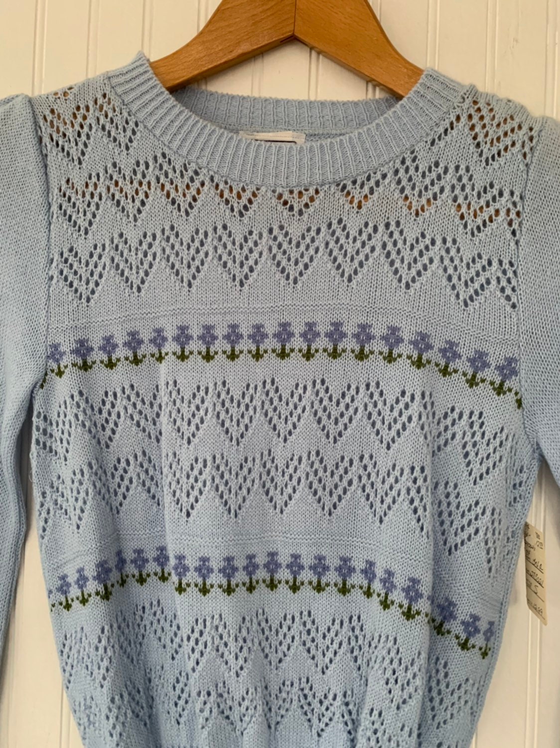 NWT Vintage 80s Baby Blue Pastel Floral Knit Sweater Small Medium Med SM Small Long Sleeves Shirts Deadstock 70s Flowers Boho Unique NOS