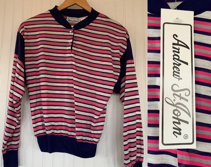 Vintage 70s 80s Medium Pink Navy Blue Grey White Snap up Striped Long Sleeve Top Shirt S/M Small deadstock Sportswear Comfy crew neck