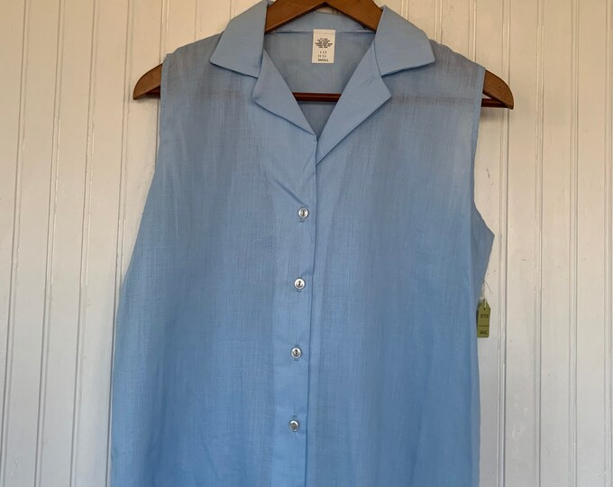 NWT 80s Vintage Pastel Blue Sleeveless Top Size Small Sheer Button Down Shirt S XS/S Deadstock nos 70s 34 Spring Summer pinup