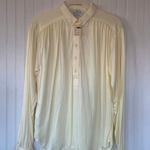 Vintage Nylon Ivory Disco Blouse Medium Shirt Button Down Top Size Off White Stretch Deadstock NWT 70s 80s Med M S/M Small Ruched Shoulders