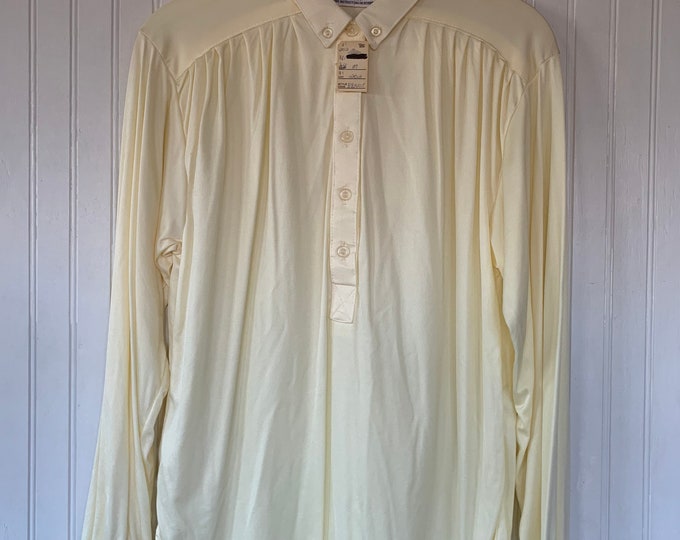 Vintage Nylon Ivory Disco Blouse Medium Shirt Button Down Top Size Off White Stretch Deadstock NWT 70s 80s Med M S/M Small Ruched Shoulders