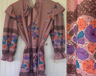 Vintage 80s Medium Rose Pink 3/4 Sleeve Floral Blouse bow Shirt 70s Boho Purple Teal Peasant 36 M/L Med Ruffle Puff Top polka dot tie neck