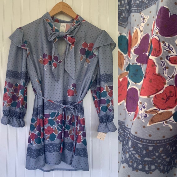 Vintage 80s Medium Gray 3/4 Sleeve Floral Blouse … - image 1